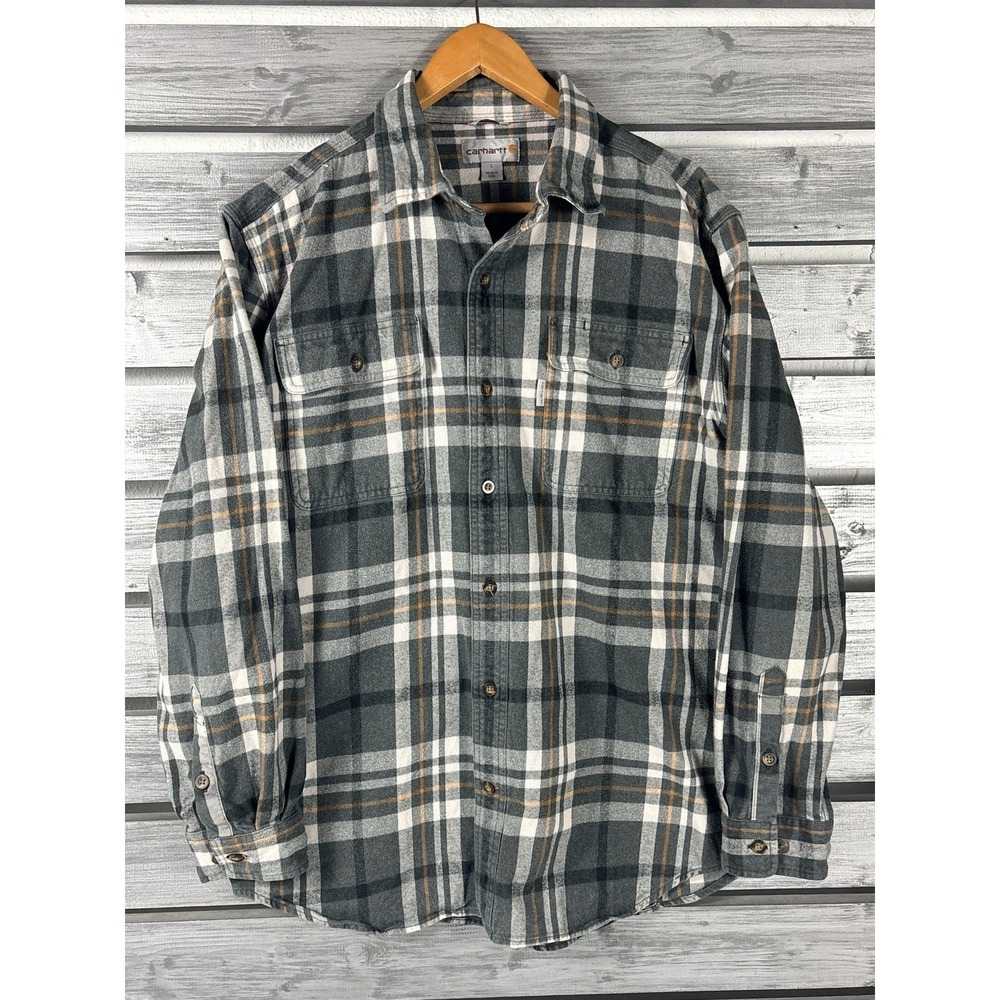 Carhartt Heavyweight Flannel Shirt Mens L Gray Plaid Long Sleeve Button Up Heavy